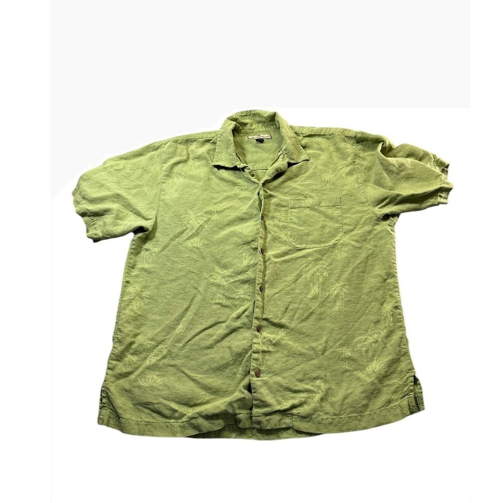 Tommy Bahama Linen Shirt Mens L Green Palm Jacquard Camp Y2K